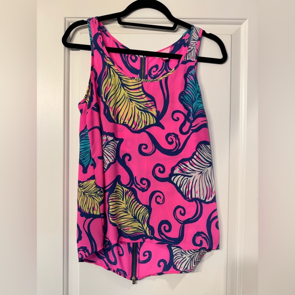 Lilly Pulitzer Pink and Blue Leaf Print Tank Top, Small